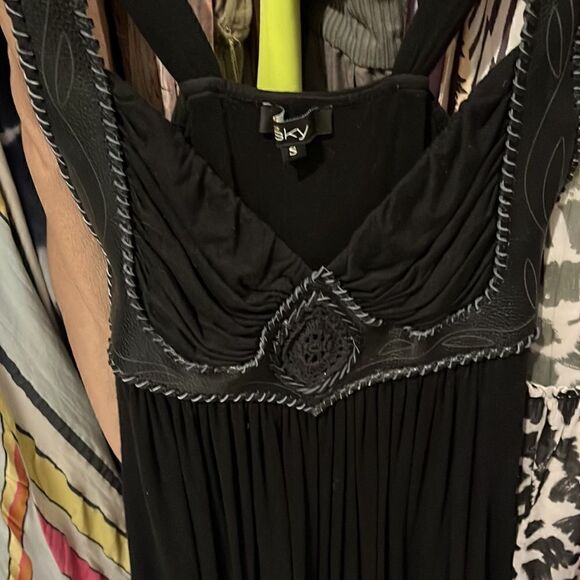 SKY black maxi dress with leather trim detail, sz S - Picture 2 of 4